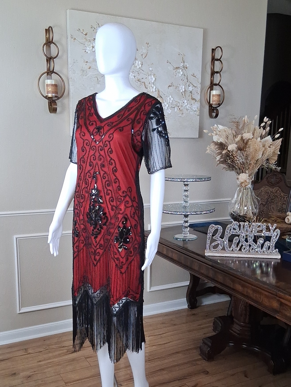 New Women's Red And Black Beaded V-Neck Fringe Cocktail Summer Dress Medium - Picture 10 of 16